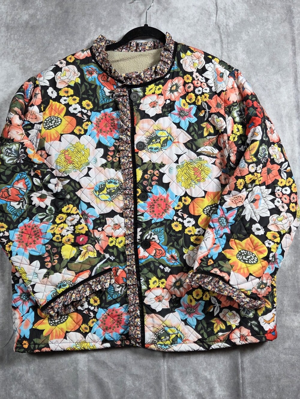 Evafreedom Floral Quilted Jacket Womens XXL Sherpa Lined Boho Ruffle Black Multi